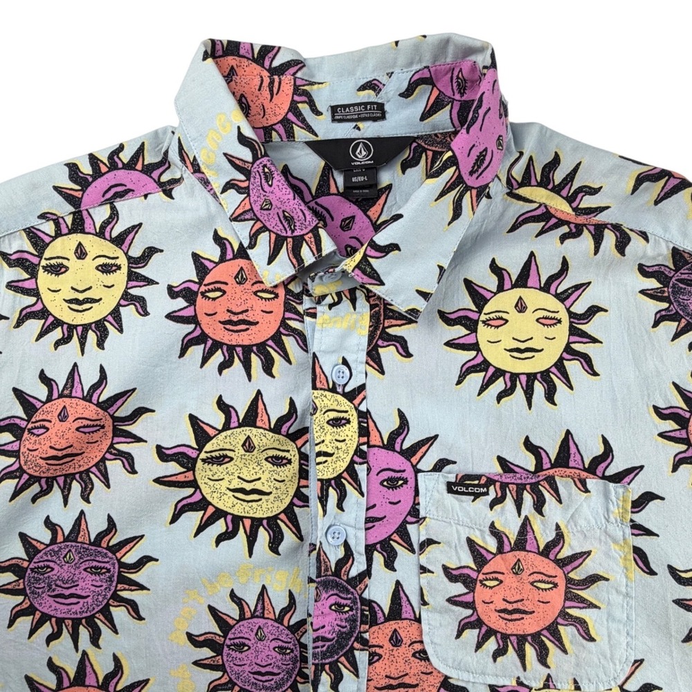 Volcom Mens Sun Print Button Down Shirt Blue Classic Fit Short Sleeve Large